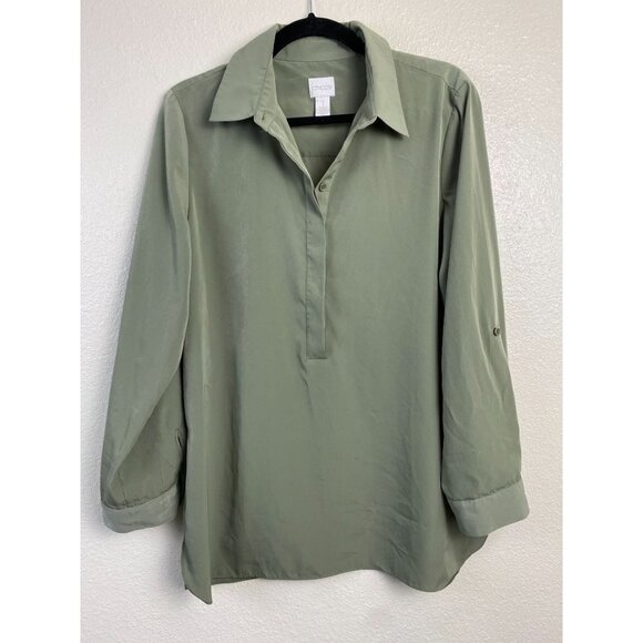 Chico's Green Tunic top Womens size Medium Career office Flowy solid Long Sleeve - Picture 1 of 12